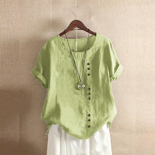 Vista 2 de Camisetas de lino de algodón para mujer, talla grande, camisa de media manga, estilo bohemio, hippie, holgada, para verano, trabajo, negocios, blusa