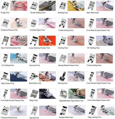 Vista 4 de Juego de 30 prensatelas profesionales para máquina de coser doméstica para hermano, Babylock, cantante, Janome, Elna, Toyota, New Home, Simplicity