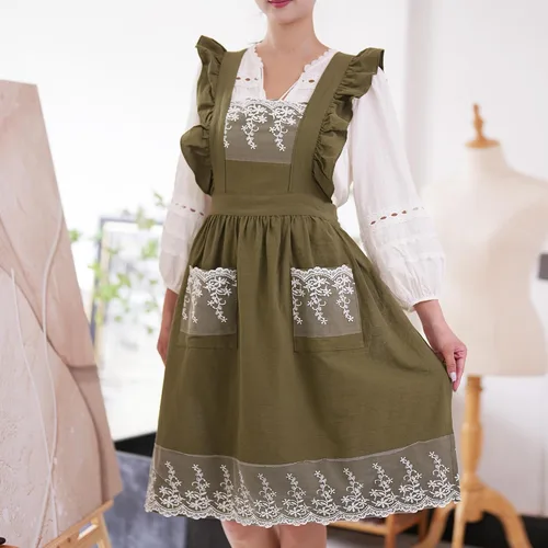 Vista 3 de Aoomzoon Delantales vintage para mujer con bolsillos, lindo delantal ajustable de encaje con volantes para cocinar, cocina, hornear, jardinería