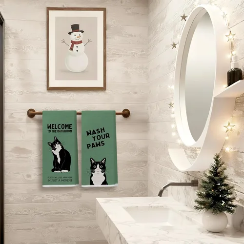 Vista 6 de Juego de 2 toallas de mano de baño con esmoquin verde retro, decoración de baño de gato, toallas de mano de gatito blanco y negro para baño, 16 x 24
