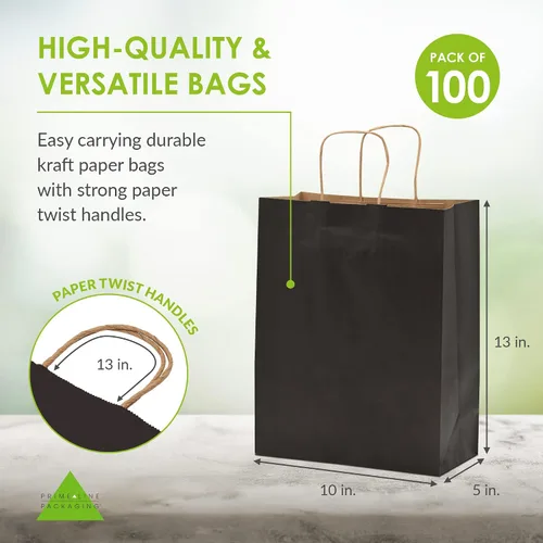 Vista 4 de Prime Line Packaging Bolsas de papel negro, bolsas de regalo de papel kraft medianas con asas, pequeñas empresas, compras, boutiques, venta al por