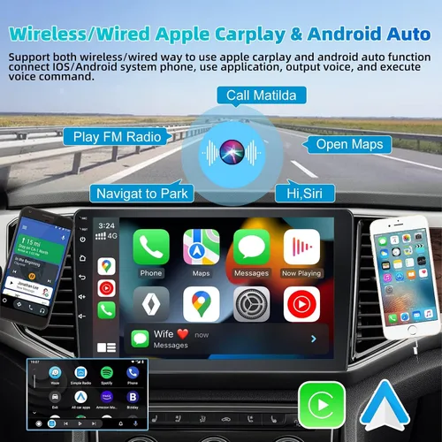 Vista 2 de Podofo Estéreo de auto de doble DIN de 2+32G con Apple Carplay Android Auto inalámbrico de 10.1 pulgadas, pantalla táctil y radio Android