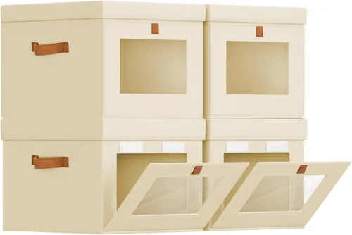 Vista 22 de Homsorout Contenedores de almacenamiento con tapa, organizador de armario con apertura lateral y ventana transparente, cesta plegable de tela Beige