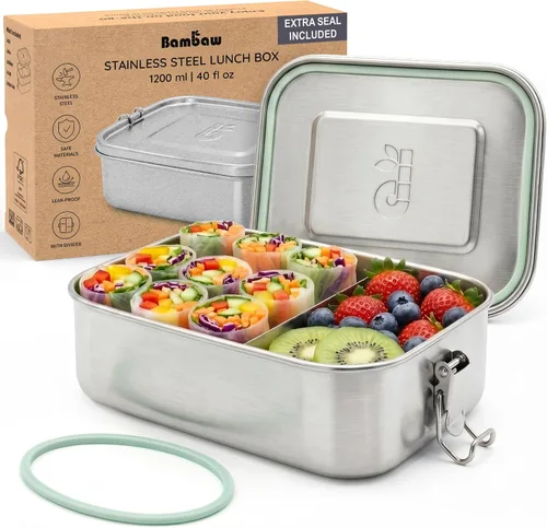 Vista 8 de Bambaw Lonchera Bento de Acero Inoxidable de 27 onzas, lonchera metálica con compartimentos, contenedor de almuerzo de Acero Inoxidable a prueba
