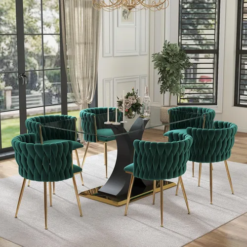 Vista 22 de Juego de comedor moderno de vidrio de lujo de 5 piezas, juego de cena rectangular minimalista grande para 4, juego de mesa de cocina de vidrio