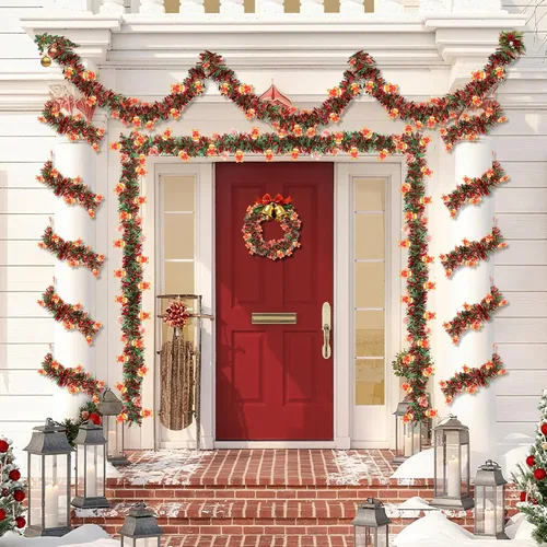 Vista 7 de Guirnalda de oropel de Navidad de 50 pies con adorno de hombre de jengibre, guirnalda metálica brillante roja y verde para árbol de Navidad, hogar