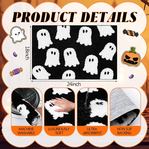 Vista 4 de Tapete de baño de fantasma negro, tapete de baño suave de Halloween, antideslizante, lindo fantasma espeluznante, decoración de baño, alfombra