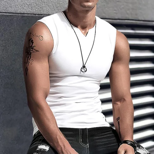 Vista 3 de Camiseta sin mangas con cuello en V para hombre, ligera, atlética, de color sólido, para entrenamiento, fisicoculturismo, musculación