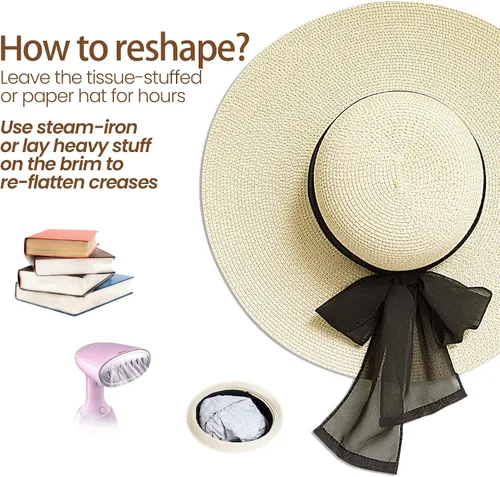 Vista 6 de Roniky Beach Sun Hat for Women Bow-Knot UV UPF 50+Travel Foldable Wide Brim Straw Hat