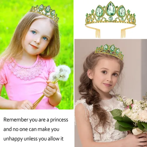 Vista 4 de VELSCRUN - Tiaras de princesa, coronas de Rapunzel, diademas de cumpleaños - Corona de vestir para niñas en verde, decoraciones de cumpleaños