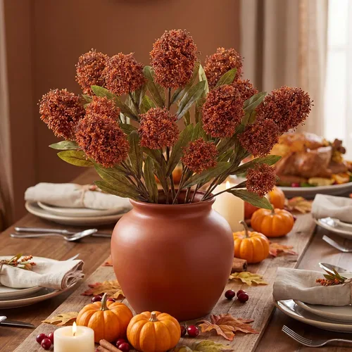Vista 5 de Briful 3 piezas de flores artificiales de otoño de 22.8 pulgadas, color naranja quemado, ramas de flores artificiales, tallos de Skimmia de otoño