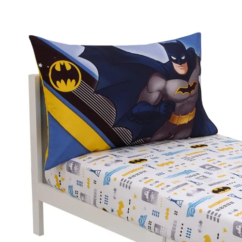 Vista 6 de Warner Brothers Batman The Caped Crusader - Juego de sábanas de 2 piezas para niños pequeños, sábana bajera ajustable y funda de almohada reversible