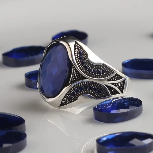 Vista 6 de Anillo de plata de ley 925 para hombre con piedra preciosa de zafiro, anillo de plata grabado hecho a mano, regalo para él, anillo de plata
