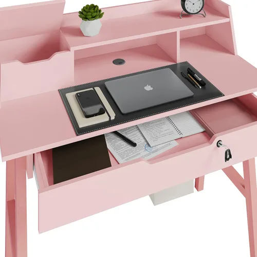 Vista 5 de Crafts and Comfort - Escritorio Pequeño Roma de Diseño Moderno para Dormitorio, Escritorio de Escritura Rosa de 40 Pulgadas con Estante Superior