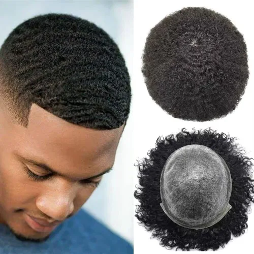 Vista 14 de Afro Toupee para hombres negros, rizado afro ondulado, postizo masculino, piel fina, PU negro, para hombre, tupé, reemplazo de cabello humano