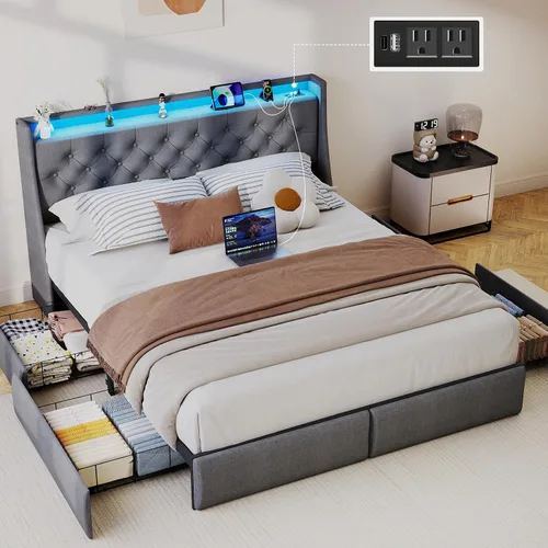 Vista 15 de SADENICEL Full Size Bed Frame with 4 Storage Drawer, Full Bed Frame, Grey