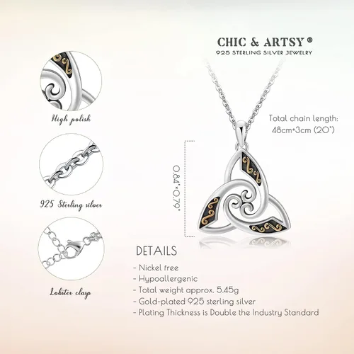 Vista 5 de CHIC ARTSY - Collar de plata de ley 925 con nudo celta irlandés de la Trinidad irlandesa oxidada, buena suerte, nudo celta, joyería fina, dije