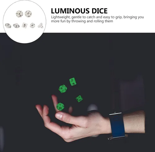Vista 8 de Uonlytech Juego de 7 mini dados brillantes de 0.394 in, poliédricos que brillan en la oscuridad, juego de dados luminosos para jugar juegos de rol