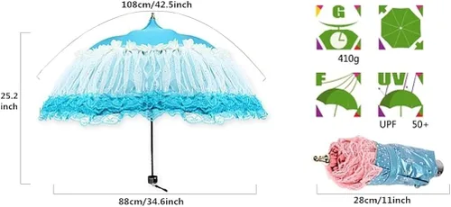Vista 7 de Honeystore Pagoda Parasol 3 Folding Lace Totes Sun Rain Wedding Ruffle Umbrella