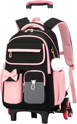 Vista 10 de Mochila con ruedas para niñas, mochila con ruedas para escuela primaria, bolsa de libros con ruedas con 6 ruedas, 3 ruedas negras y azules-6