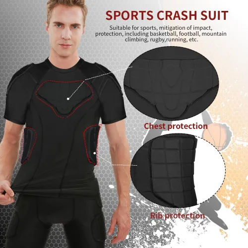 Vista 4 de TUOY New Football Rib Chest Protector Shirt Padded Compression Shirts 6 Pads Adult Sizes Dark Black