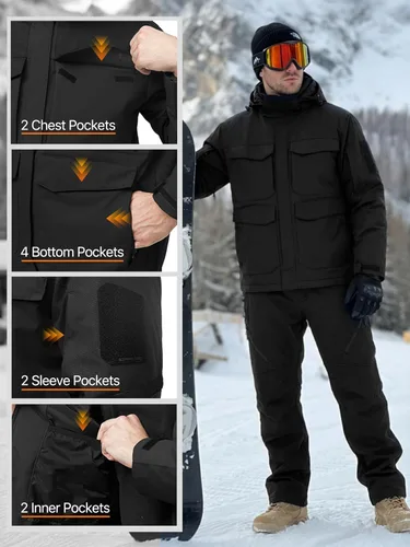 Vista 7 de FREE SOLDIER Chaqueta de esquí impermeable para hombre, abrigo cálido de invierno para nieve, snowboard con múltiples bolsillos, capucha desmontable