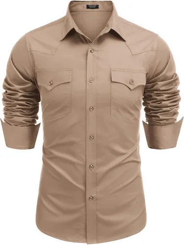 Vista 18 de COOFANDY Camisa vaquera de manga larga para hombre, de algodón, con botones, estilo casual, con bolsillos 01-Negro