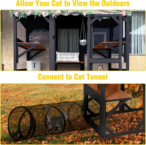 Vista 4 de Wooden Catio Outdoor Cat - Amplio condominio para gatos con 7 plataformas de escalada, 2 acogedoras casas de siestas, panel de ventana expandible