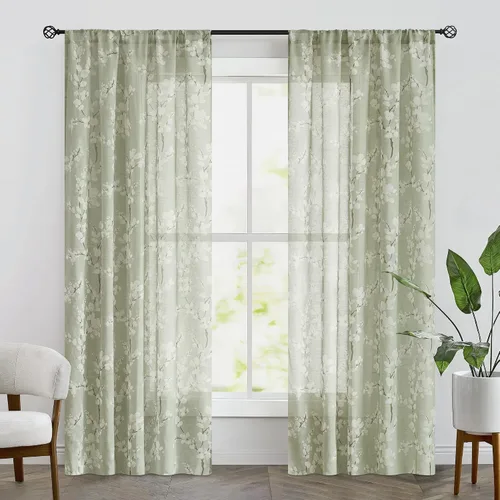 Vista 2 de FMFUNCTEX Cortinas de lino transparentes para dormitorio, cortinas con estampado de flores verde salvia de 84 pulgadas de largo para sala de estar