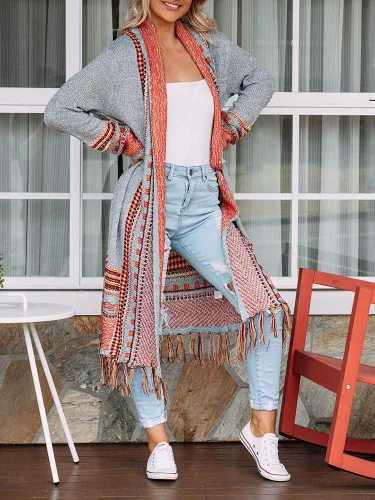 Vista 5 de Misassy Womens Boho Open Front Long Cardigans Sweater Loose Long Sleeve Embroidery Tassels Kimono Duster Outwear