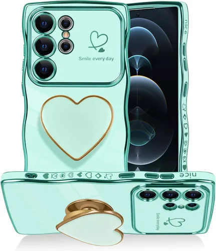 Vista 20 de Funda para Samsung Galaxy S23 Love-Heart Holder Case Cute Black Luxury Wave Frame forma rizada con corazón de amor, cubierta protectora de TPU suave