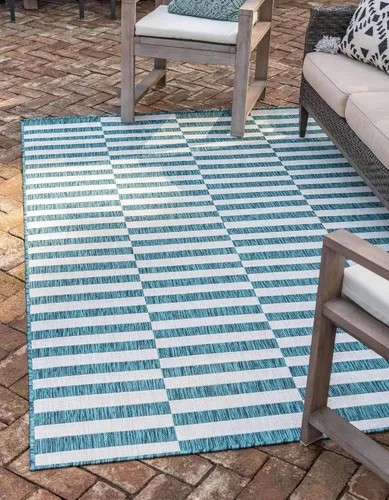 Vista 11 de Unique Loom Outdoor Striped Collection - Alfombra a rayas (4' 1" x 6' 1" Rectángulo, azul/marfil)