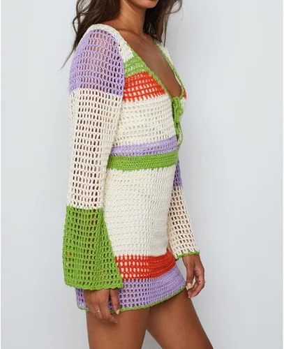 Vista 4 de Mini vestido de punto de ganchillo para mujer, manga larga, de malla colorida, casual, estilo suéter, para verano y playa