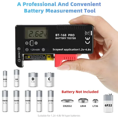 Vista 2 de Probador de batería universal LCD digital (modelo: Bt - 168 PRO), comprobador de batería portátil para pilas de botón AA AAA C D 9V 3.7V 1.5V
