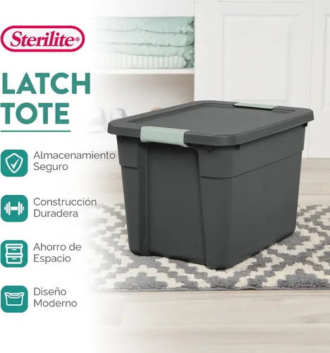 Vista 3 de Sterilite - Paquete de 6 contenedores de almacenamiento de plástico apilables con tapas y pestillo, 12 galones, gris/verde - Cajas con cierre
