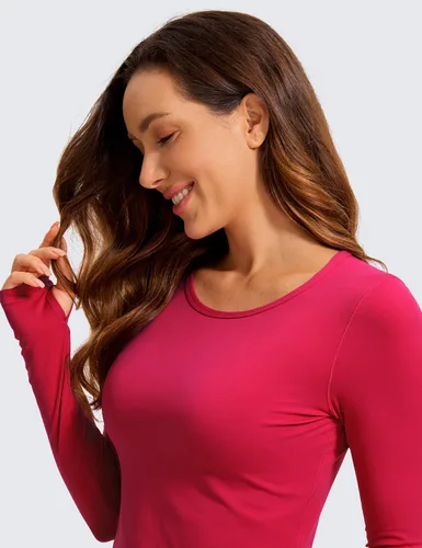 Vista 3 de CRZ YOGA Camiseta corta de manga larga para mujer, para entrenamiento, yoga, ajustada, atlética, para gimnasio, con agujero para el pulgar