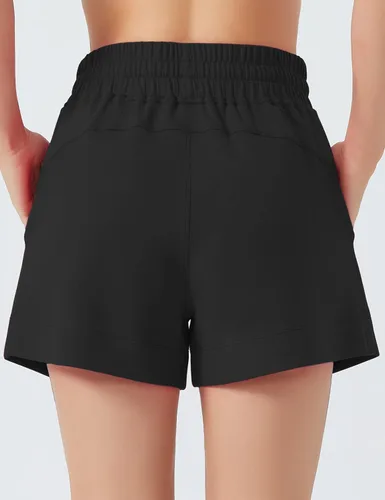 Vista 2 de THE GYM PEOPLE Pantalones cortos deportivos con cordón para mujer, cintura alta, pantalones cortos de entrenamiento de verano con bolsillos