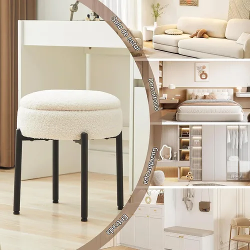 Vista 8 de Taburete de tocador con almacenamiento, taburete de maquillaje multifuncional y mesa auxiliar de terciopelo de peluche, sillas de almacenamiento