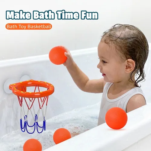 Vista 5 de Juguetes de baño – Aro de baloncesto para bañera para niños pequeños, niños y niñas 4 bolas sin agujero y ventosas fuertes Divertido juguete