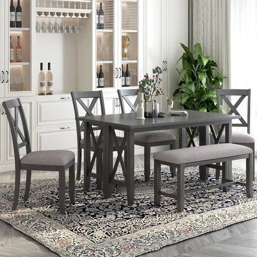 Vista 12 de Juego de mesa de comedor de madera de 6 piezas, juego de mesa de cocina con rectangular, juego de mesa de comedor con banco tapizado y 4 sillas