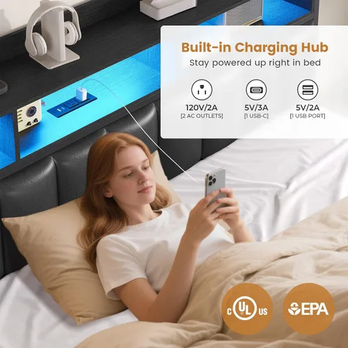 Vista 3 de ADORNEVE Base de cama tamaño King con 10 cajones de almacenamiento y cabecera tipo estantería RGB, cama King tapizada en PU con estación de carga