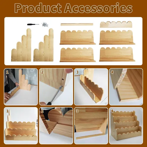 Vista 3 de Estantería festoneada de 4 niveles para niños, estantería pequeña de madera de 16.5 x 15.7 x 9.8 pulgadas para niños pequeños, estante organizador