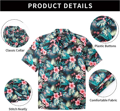 Vista 4 de FastRockee Men's Short Sleeve Hawaiian Shirt Cotton Beach Tropical Shirts