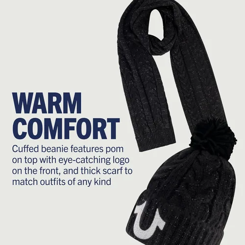 Vista 3 de True Religion Conjunto de gorro y bufanda para mujer, gorro de punto con puños de invierno con pompón de cable lúrex y gorro de bufanda