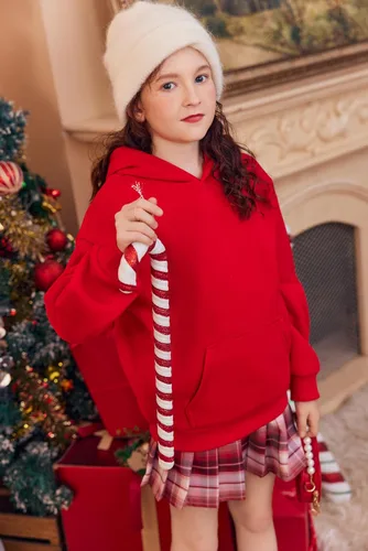 Vista 5 de Arshiner Sudaderas con Capucha de Gran Tamaño para Niñas Sudaderas Pullover de Forro Polar Conjuntos Casuales de Moda para Niños Ropa de Otoño Rojo