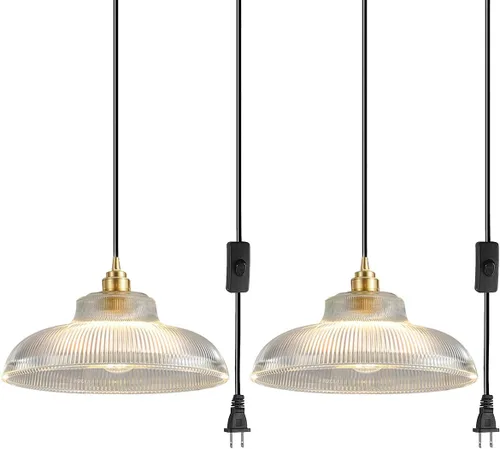 Vista 17 de Lámpara colgante enchufable de cristal azul, lámpara colgante dorada de altura ajustable con interruptor de encendido/apagado de cable de 14.7 pies