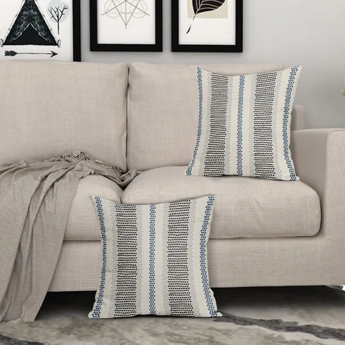 Vista 3 de Juego de 2 fundas de almohada negras y azules con rayas de puntos grises, decorativas para exteriores, estilo boho rústico, para sofá, cama, cojín