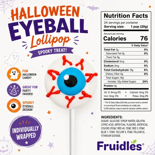 Vista 2 de Fruidles Piruletas de Halloween con forma de globo ocular, rellenos de bolsas de fiesta de truco o trato (paquete de 12)