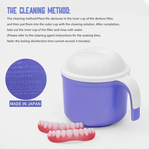 Vista 6 de Taza de baño de dentadura grande, taza de baño de dientes falsos con colador y tapa para remojar dentaduras o almacenar chupetes, capacidad de 10.6