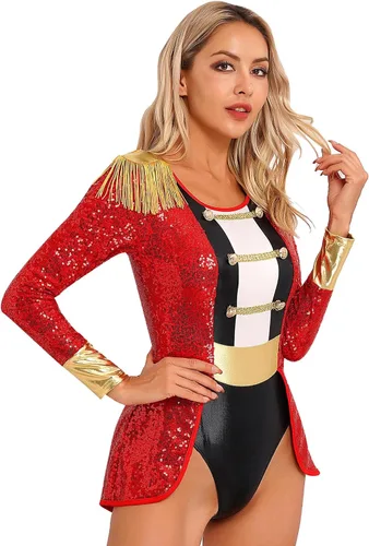 Vista 3 de FEESHOW Women's Circus Ringmaster Costume Halloween Cosplay Tassel Leotard Bodysuit for Party Stage Shows